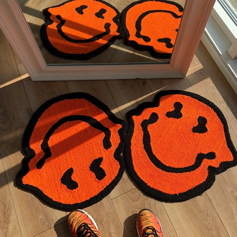 Trippy Orange Smiley Face Handmade Rug